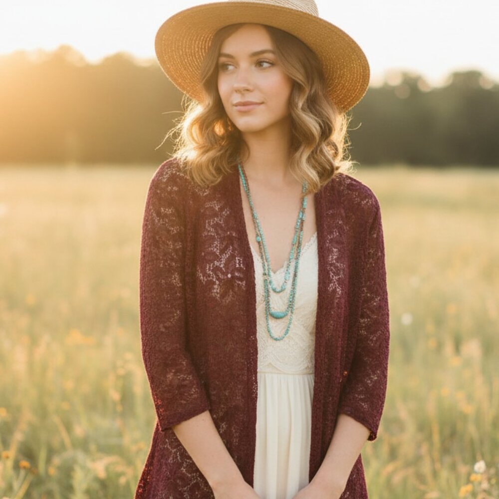 Shannon Ford M Cardigan Kimono Burgundy Lace Whimsigoth Witchy Festival Indie‎